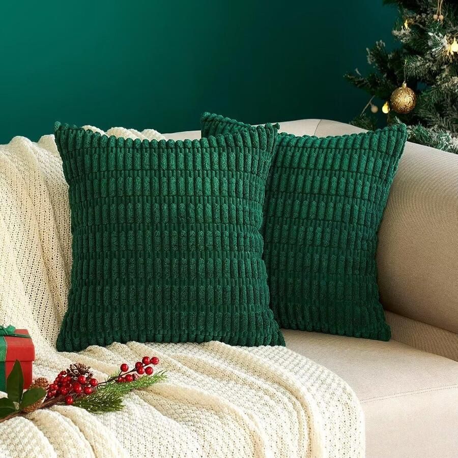 Set van 2 vierkante kussenhoezen van zachte corduroy in Boho stijl voor decoratie van woonkamer bank slaapkamer 40 x 40 cm donkergroen
