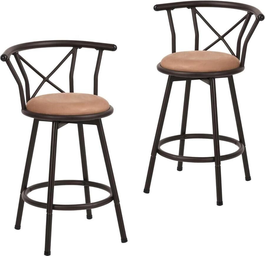 Set van 2 vintage 360 graden draaibare barkrukken met rugleuning en voetensteun industriële stijl 63cm hoog bruin 565x395x85cm Barkruk