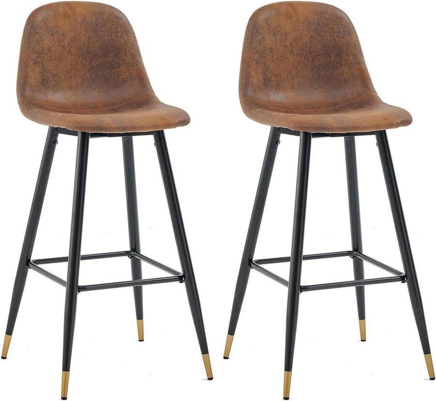 Set van 2 vintage barkrukken met rugleuning en voetensteun bruin kunstsuède vergulde metalen poten voor bistro café keuken 455x49x1035cm Barkruk