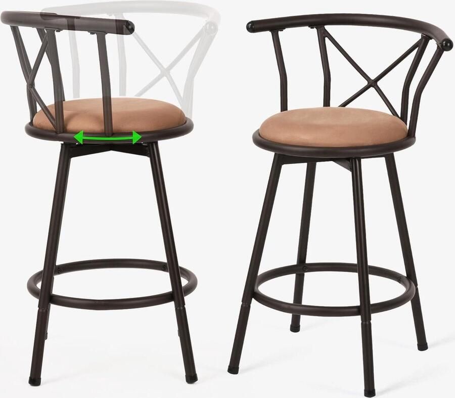 Set van 2 Vintage Industriële Stijl Barkrukken 360-graden Draaibaar met Rugleuning en Voetensteun Bruin 63cm Hoog Barkruk