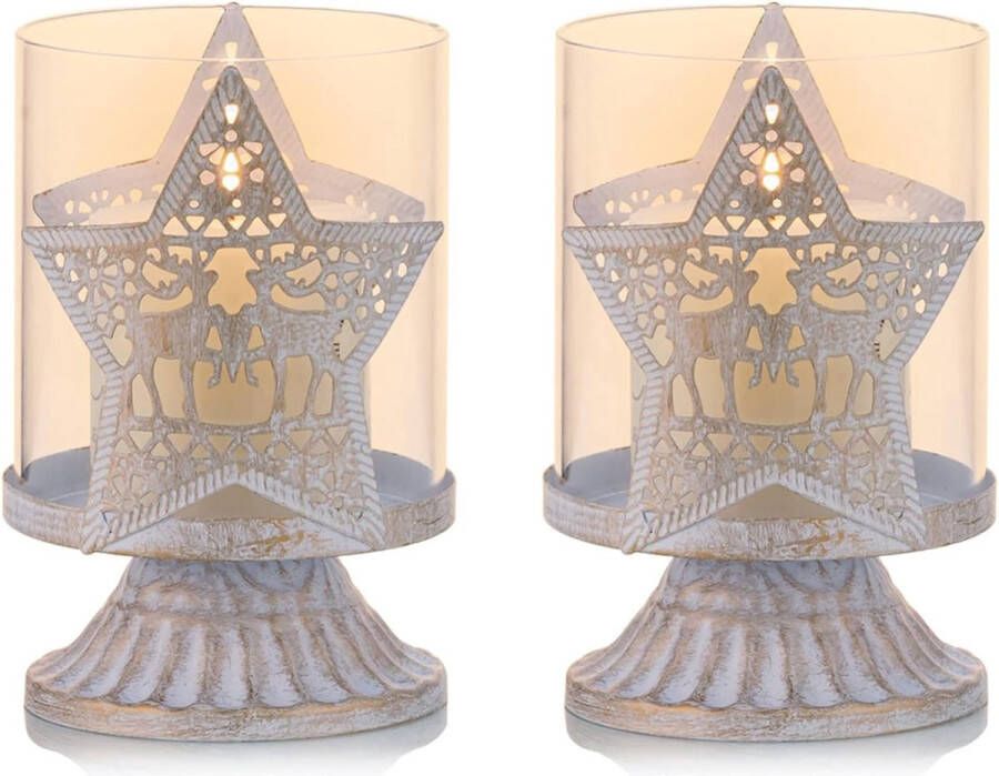 Set van 2 vintage kandelaars metalen lantaarnhouders voor stompkaarsen orkaankaarshouder decoratie voor feest Kerstmis tafel mantel open haard wit