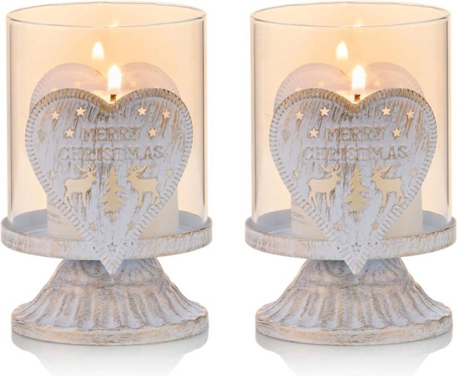 Set van 2 vintage kandelaars metalen lantaarnhouders voor stompkaarsen orkaankaarshouder decoratie voor feest Kerstmis tafel mantel open haard wit