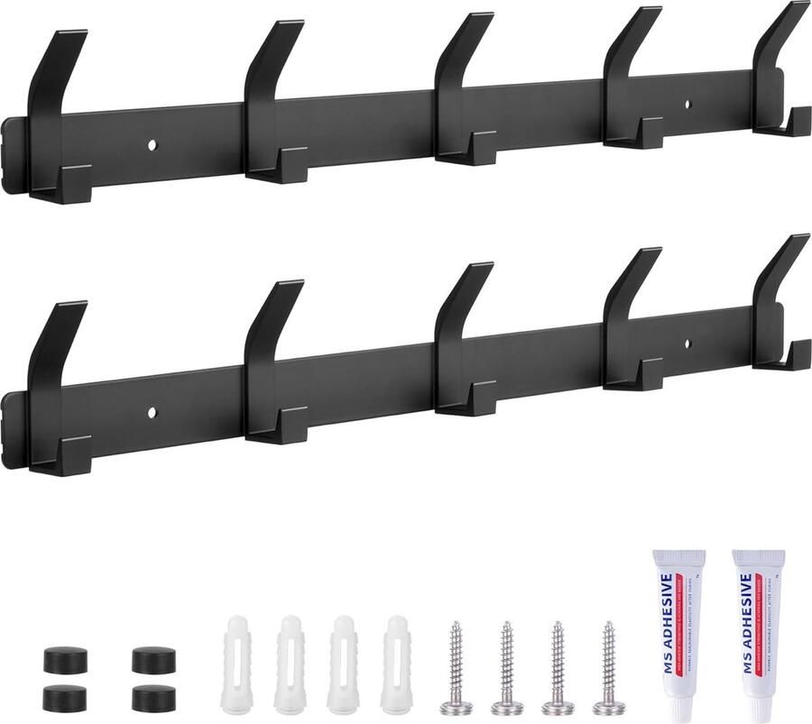 Set van 2 wandkapstokken roestvrij staal met 5 haken zwart 43 5 cm kapstok wandkapstok voor gangen kasten keuken slaapkamer en badkamer