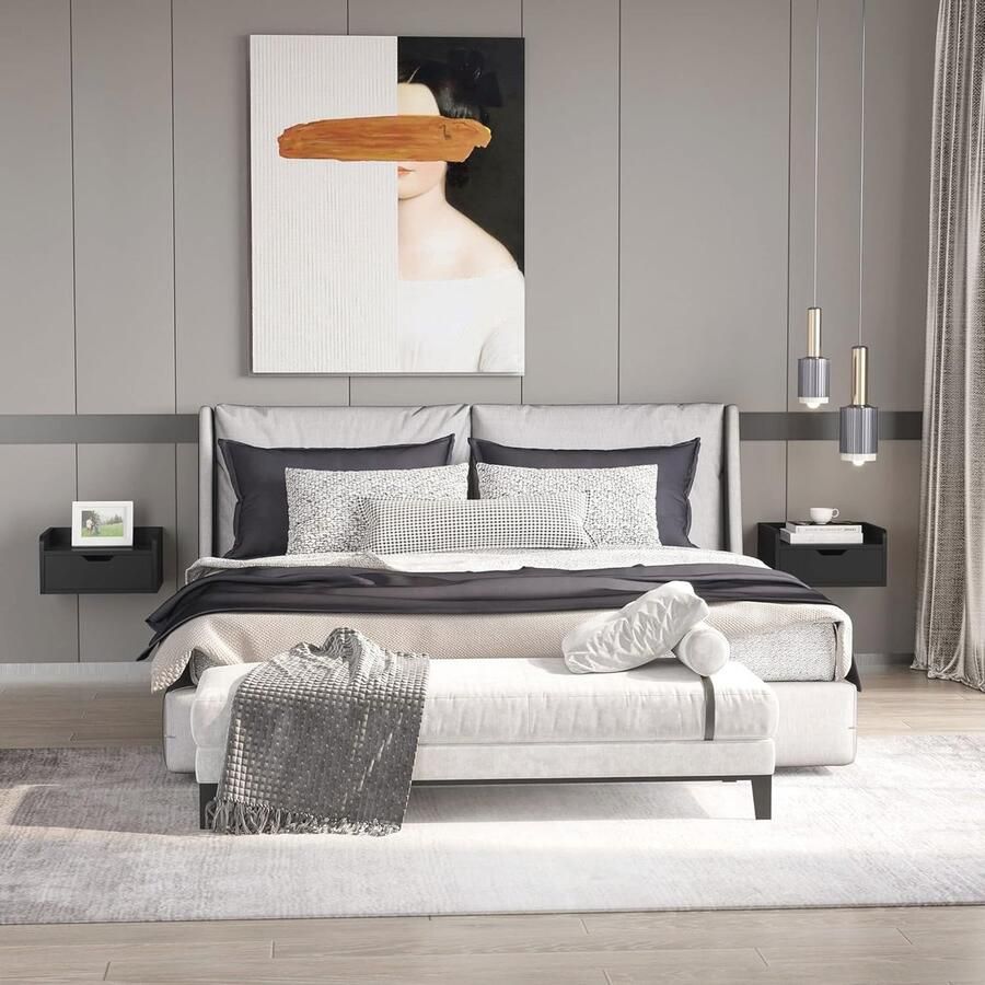 Set van 2 Wandmontage Nachtkastjes met Schuiflade en Dienblad Modern Houten Design 40x30x19 5 cm Zwart