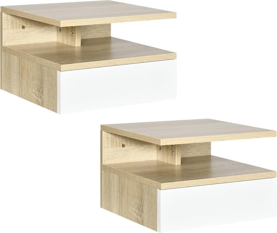 Set van 2 Wandmontage Nachtkastjes met Uittrekbare Lade en Dienblad Eikenlook en Wit