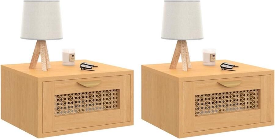 Set van 2 wandnachtkastjes met 1 lade zwevend nachtkastje van hout en riet modern design