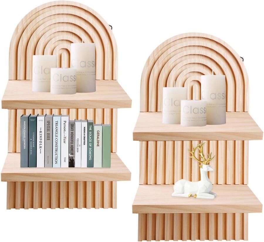 Set van 2 wandplanken hout wandplank zonder boren wandrek voor woonkamer dubbellaags boho-wanddecoratie hout kleine planken wandplanken voor wandrek fotorek tafeldecoratie dressdecoratie