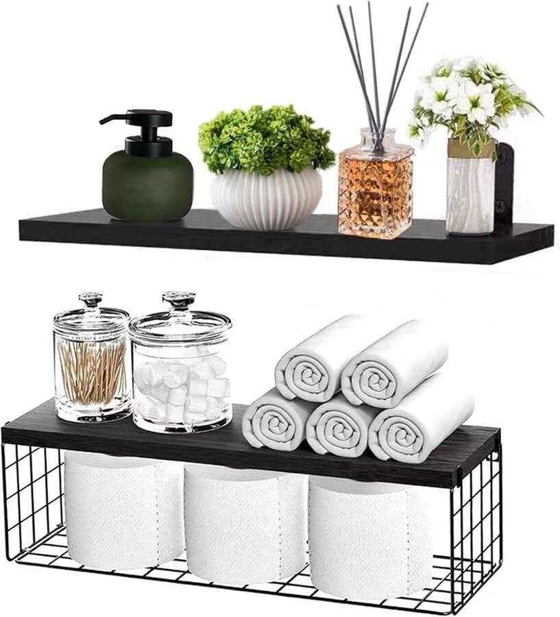 Set van 2 wandplanken hout zwart 40 cm zwevende wandplanken wandplank met draadmand houten wandplank voor badkamer woonkamer slaapkamer keuken