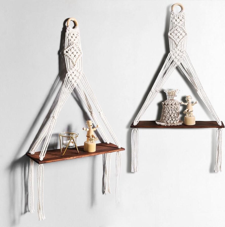 Bastix Set van 2 wandplanken houten macrameplank handgeweven zwevende plank boho macrame wanddecoratie wandplank houten hangende plank kwastje handgeweven natuurlijke drijfhoutplanken voor het leven