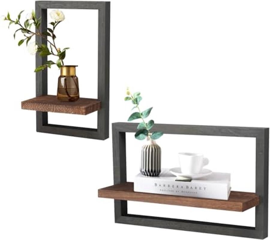 Set van 2 Wandplanken voor Wanddecoratie Houten Floating Shelf Vierkante Boekenkast Wandplanken voor Slaapkamer en Woonkamer