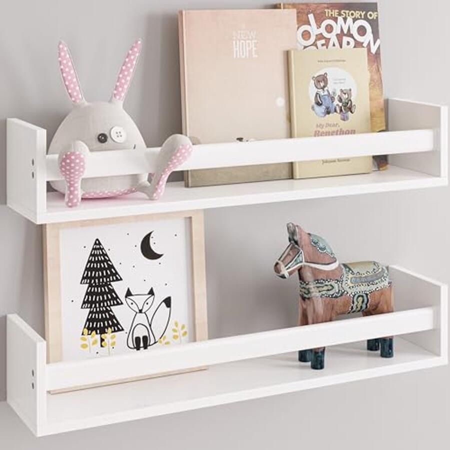Set van 2 Wandplanken met Handdoekenrek Houten Zwevende Boekenplanken voor Kinderkamer Keuken Woonkamer Slaapkamer Badkamer en Kantoor 50 cm Wit