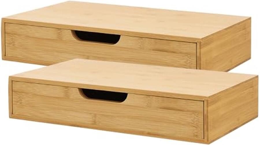 Set van 2 Wandplanken met Lade in Bamboe Zwevende Planken voor Extra Opbergruimte