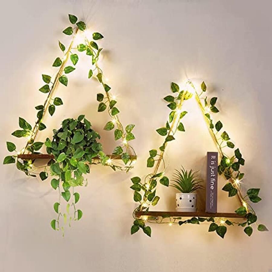 Set van 2 Wandplanken met Macramé en LED-verlichting Houten Decoratie voor Kinderen Woonkamer Badkamer en Slaapkamer