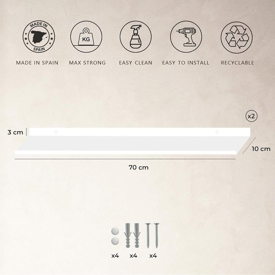 Set van 2 Wandplanken Metaal 70 cm Wit Zwevende Plank voor Decoratieve Afbeeldingen Keuken organizer en Wandplank Keuken Decoratie woonkamer Muurplank voor Plantenstandaard (2. Wit)