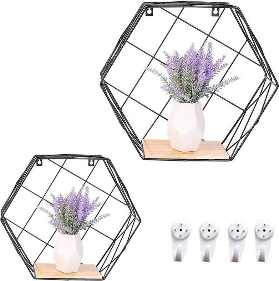 Set van 2 wandplanken modern zwart ontwerp geschikt voor elke ruimte 2 stuks zwart metaal en massief hout