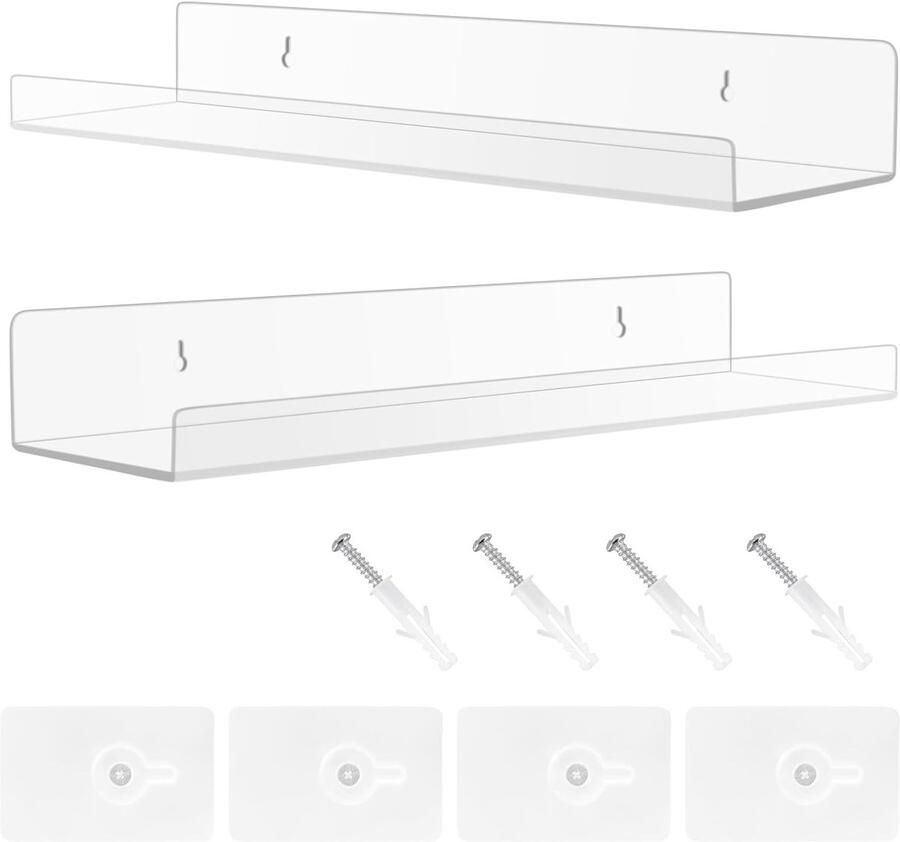 Set van 2 Wandplanken zonder Boren Acryl Drijvende Planken voor Badkamer Woonkamer en Slaapkamer Ideaal als Kruidrek Boekplank of Fotolijst Decoratie - Foto 2
