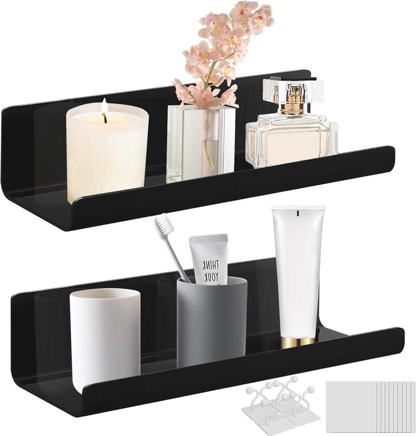 Set van 2 wandplanken zwart acryl zwevend rek voor aan de muur zonder boren eenvoudig uitbreiden van het wandoppervlak voor kantoor badkamer keuken slaapkamer wandrek opbergruimte