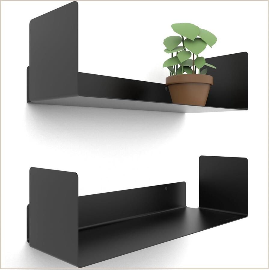 Retadou Set van 2 wandplanken zwart moderne wandplank 2 x 42 cm zwevende boekenplank fotolijst zwart wandplank zwarte plank zwart metaal