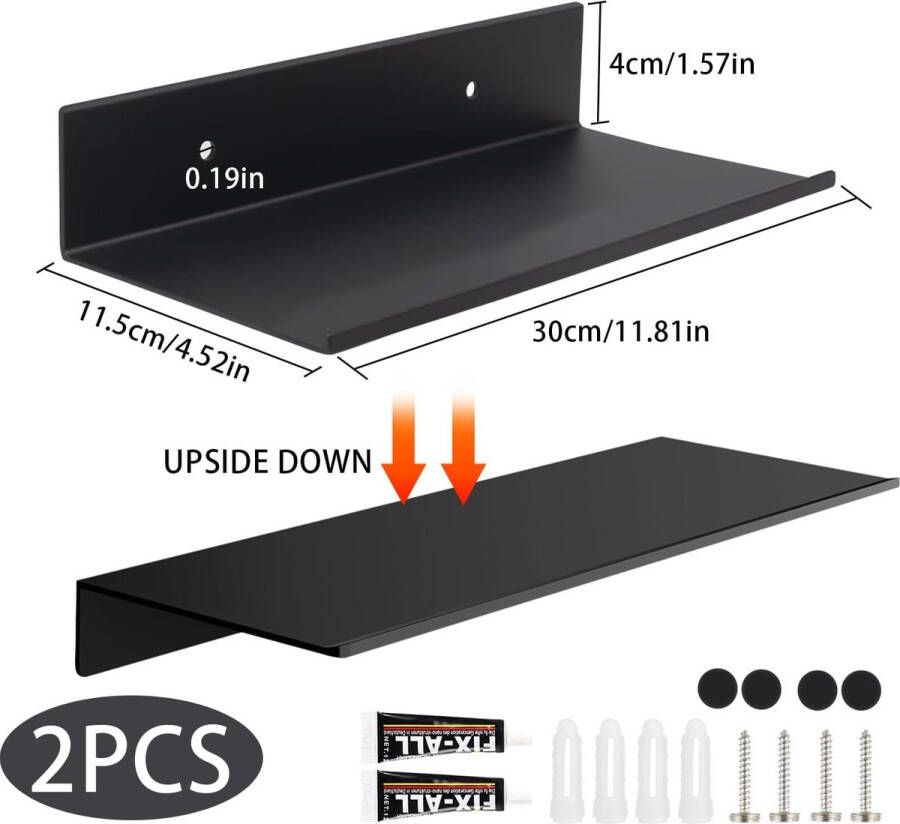 Set van 2 wandplanken zwarte hangplank schilderijrail wandplank zwevende plank legering plank met 4 schroeven 2 lijmen voor keuken kantoor woonkamer opslag decoratie (L30 x B11 5