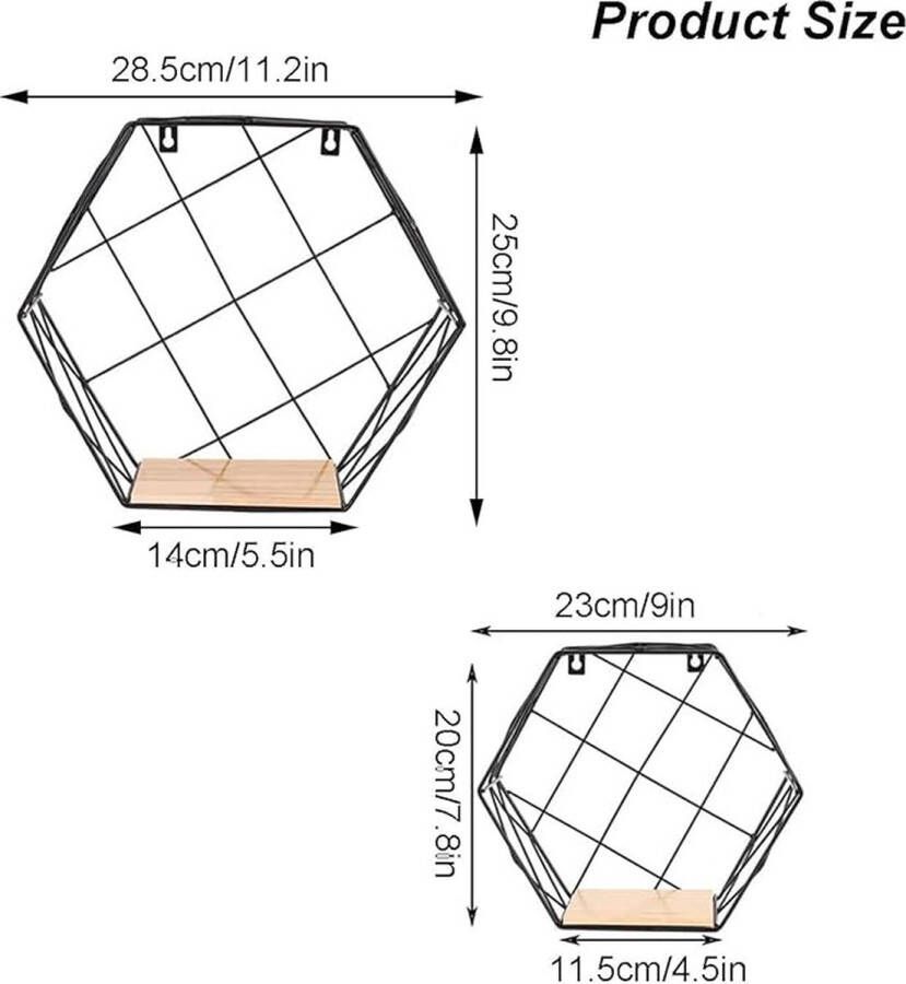 Set van 2 wandrekken modern zwart zeshoekig wandrek zwart hexagon wandrek zeshoekig wandrek zwart met massief houten plaat voor slaapkamer woonkamer keuken