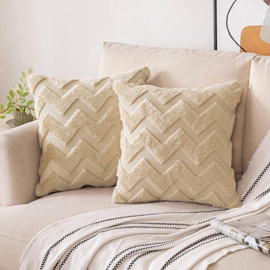 Set of 2 mitten cushion covers decorative pillows boho plush short wool sofa cushion decorative cushion covers with pattern for couch bed bedroom office car 40 x 40 cm beige