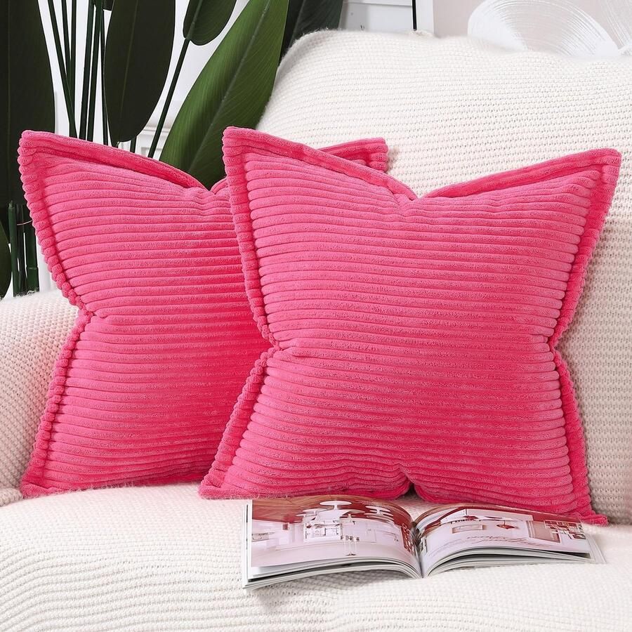 Set van 2 warm roze corduroy sierkussenslopen 50 x 50 cm met franjesrand super zacht boho gestreepte kussenslopen brede decoratieve gestructureerde sierkussens voor bank slaapkamer