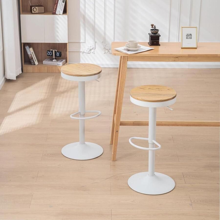 Set van 2 wit massief houten barkrukken in hoogte verstelbaar voor aanrecht modern industrieel vintage Barkruk