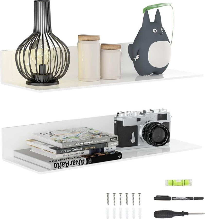 Set van 2 witte acryl zwevende planken 43cm wandhangende badkamerplanken wandopbergplank voor keuken woonkamer slaapkamer badkamer detailhandel supermarkt