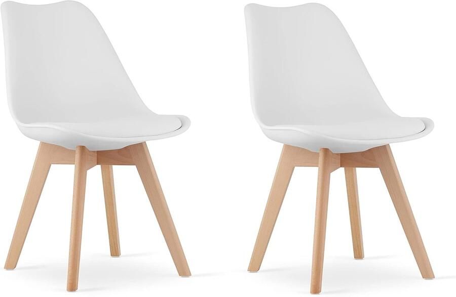 Set van 2 Witte Eetkamerstoelen met Beukenhouten Poten Ergonomisch en Duurzaam