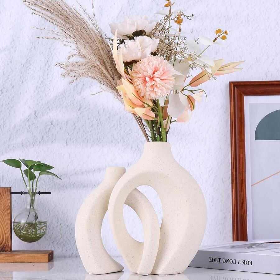 Set Van 2 Witte Keramische Boho Decor Vazen Moderne Decoratieve Vaas Middelpunt Voor Bruiloft Eettafel Feest Woonkamer Kantoor Slaapkamer Huiswarming Gift Wedding Geschenken Voor Paar