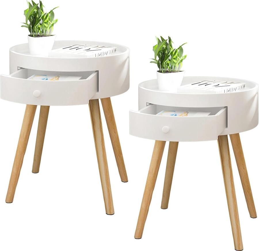 Set van 2 Witte Nachtkastjes met Lade Multifunctionele Bijzettafel
