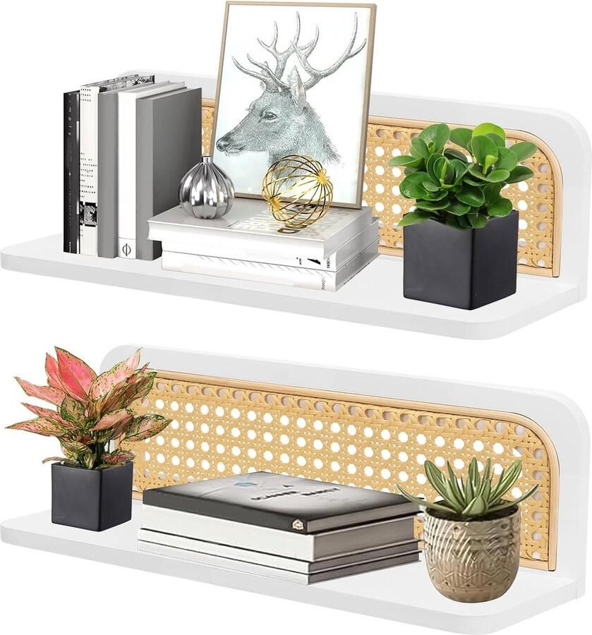 Set van 2 Witte Rotan Wandplanken Boho Stijl & Zwevend Ideaal voor Slaapkamer Keuken Badkamer & Woonkamer (40x12 2x13 cm)