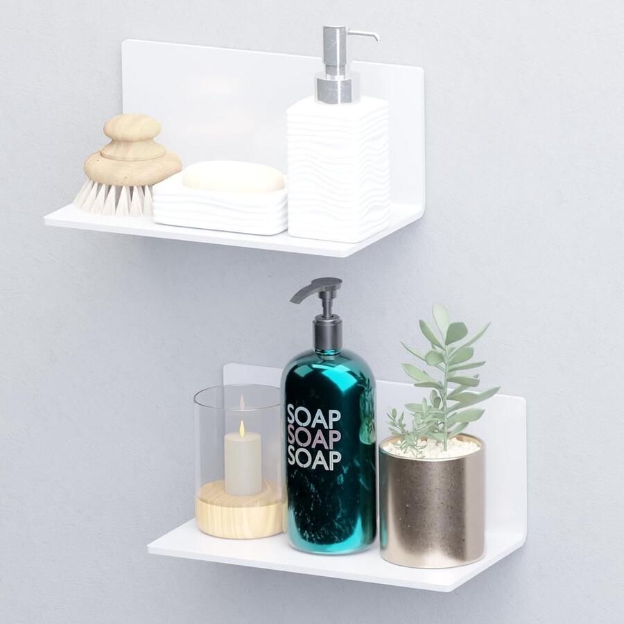 Set van 2 Witte Zelfklevende Wandplanken – Acryl 20 cm voor Badkamer Woonkamer en Slaapkamer