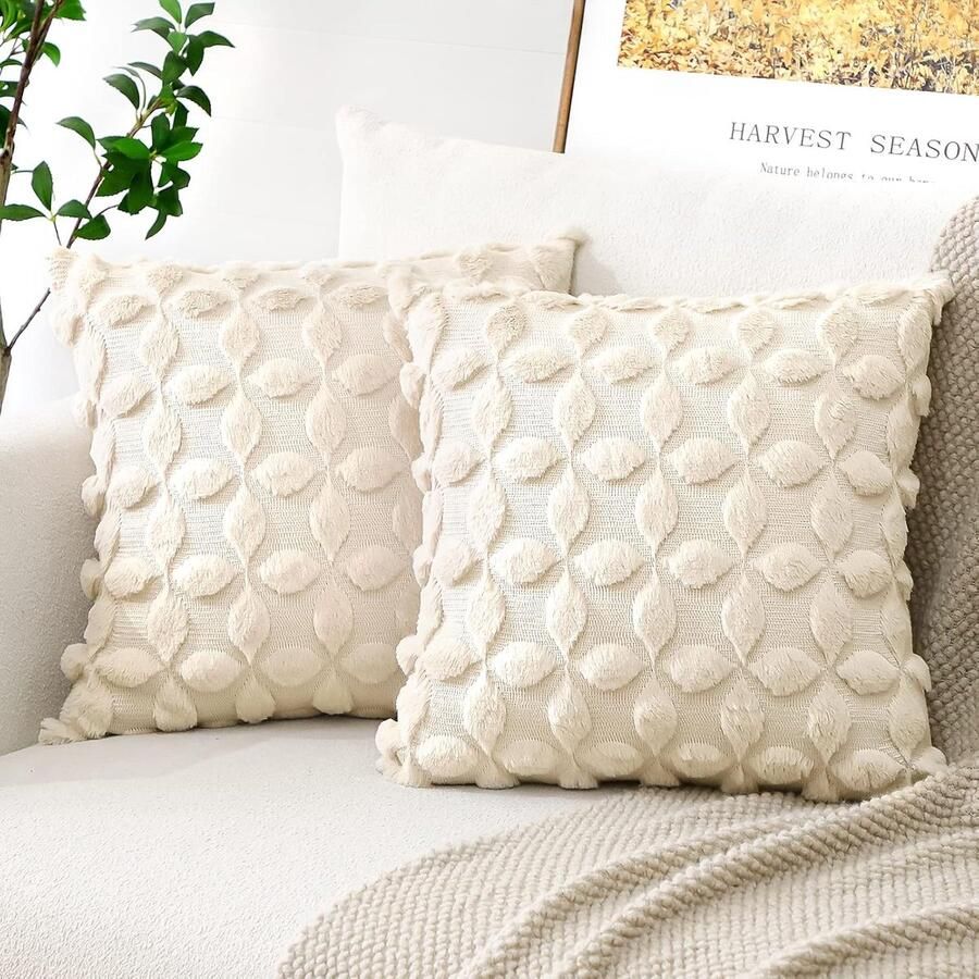 Set van 2 Wollen Kussenhoezen 50x50 cm Zacht Pluche en Bloemenpatroon Decoratief voor Bank en Slaapkamer