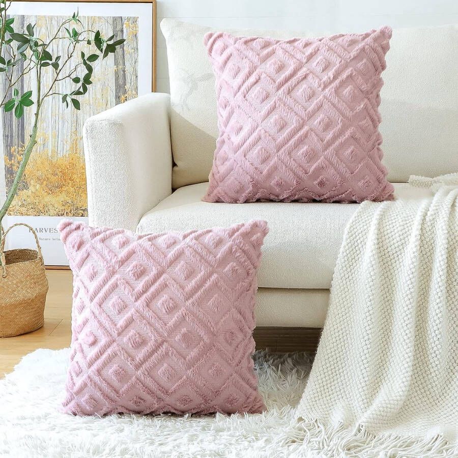 Set van 2 wollen kussenhoezen zacht pluche kort wolfluweel decoratieve kussenhoezen luxe bankkussens boho-kussenhoezen voor bank slaapkamer geometrisch roze 45 x 45 cm