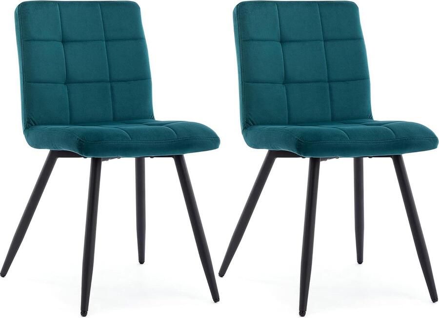 Set van 2 x Cubana gestoffeerde keuken eetkamerstoel sterk zwart staal metalen been lounge woonkamer receptie stoel (blauwgroen fluweel)