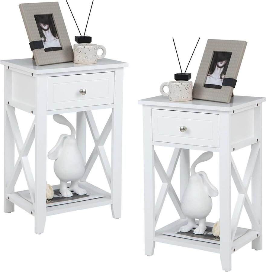 Set van 2 X-vormige bijzettafels Modern nachtkastje met lade en opbergvak Veelzijdige gebruiksmogelijkheden voor woonkamer en slaapkamer