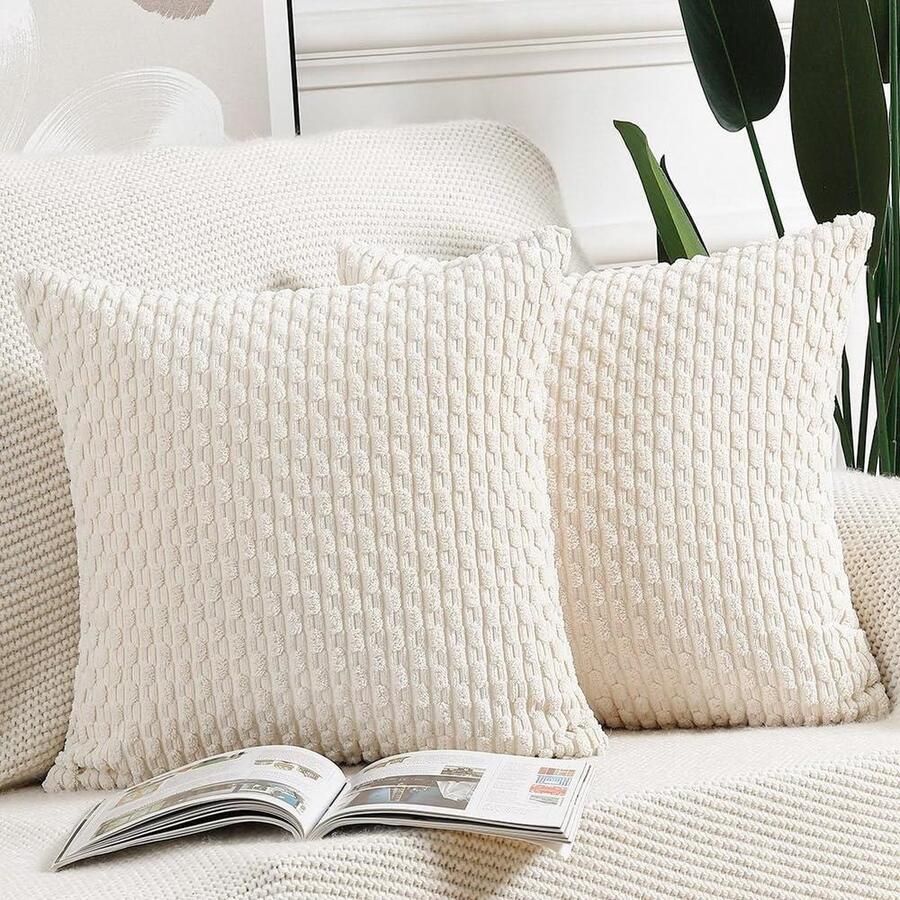 Set van 2 Zacht Corduroy Boho Kussenslopen Decoratief Kussenhoesje voor Bank en Slaapkamer Kussenomslag 40x40 cm Crème wit