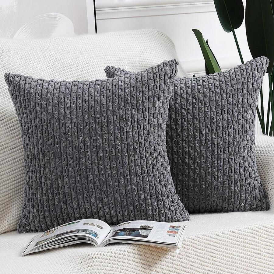 Set van 2 Zacht Corduroy Boho Kussenslopen Decoratief Kussenhoesje voor Bank Slaapkamer Kussenomslag 60x60 cm Grijs kussenhoes 60x60