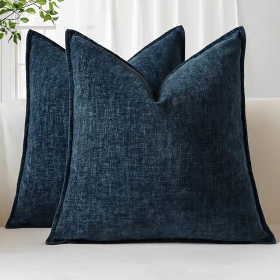 Set van 2 Zachte Chenille Kussenhoezen 60x60cm Vierkante Decoratieve Sloop met Gestikt Rand Effen Geverfde Kussenhoezen voor Woondecoratie Sofa Bed Woonkamer Marineblauw