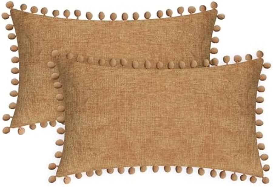 Set van 2 zachte chenille kussenslopen met pompons voor bank en woondecoratie abrikoosbruin 30 x 50 cm
