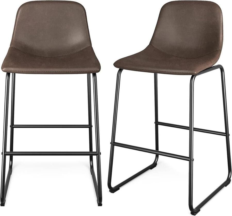 Set van 2 zachte kunstleren industriële pub-barkrukken met rugleuning en voetsteun Moderne armloze barhoogte krukstoelen Stoelhoogte 762 cm Bruin Barkruk