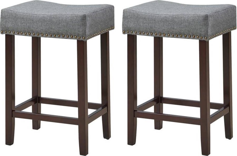 Set van 2 zadel barkrukken 61 cm hoog achterloze barstoelen messing nagelkop studs gestoffeerd spons kussen & massief rubber houten poten eigentijds klassiek elegant modern barkruk barstoel (Grijs)