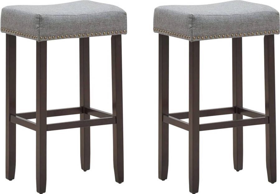 Set van 2 zadel barkrukken 74 cm hoog achterloze barstoelen koperen nagelkop noppen gestoffeerd spons kussen & massief rubberen houten poten eigentijds klassiek elegant modern barkruk barstoel (Grijs)