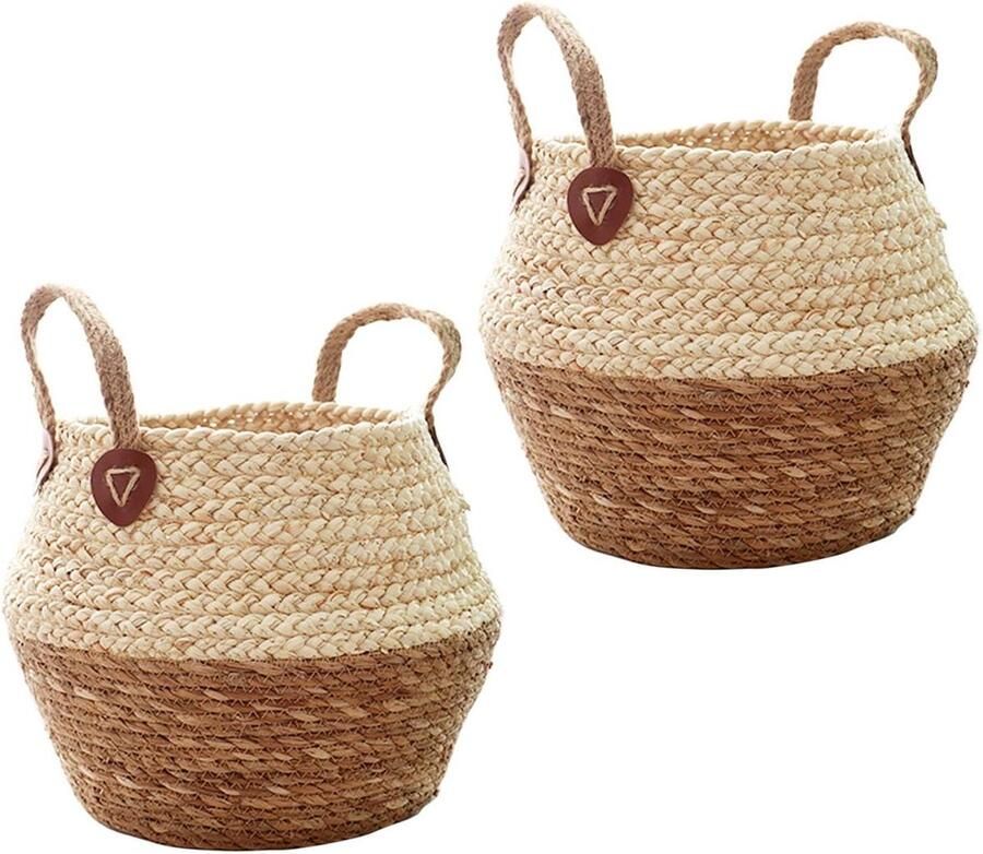 Set van 2 Zeegras Opbergmanden met Handvat Natuurlijke Bloempot en Plantenmand