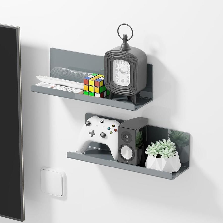 Set van 2 Zelfklevende Acryl Wandplanken – Grijs 30 cm – Zwevend Rek voor Badkamer Keuken en Foto s