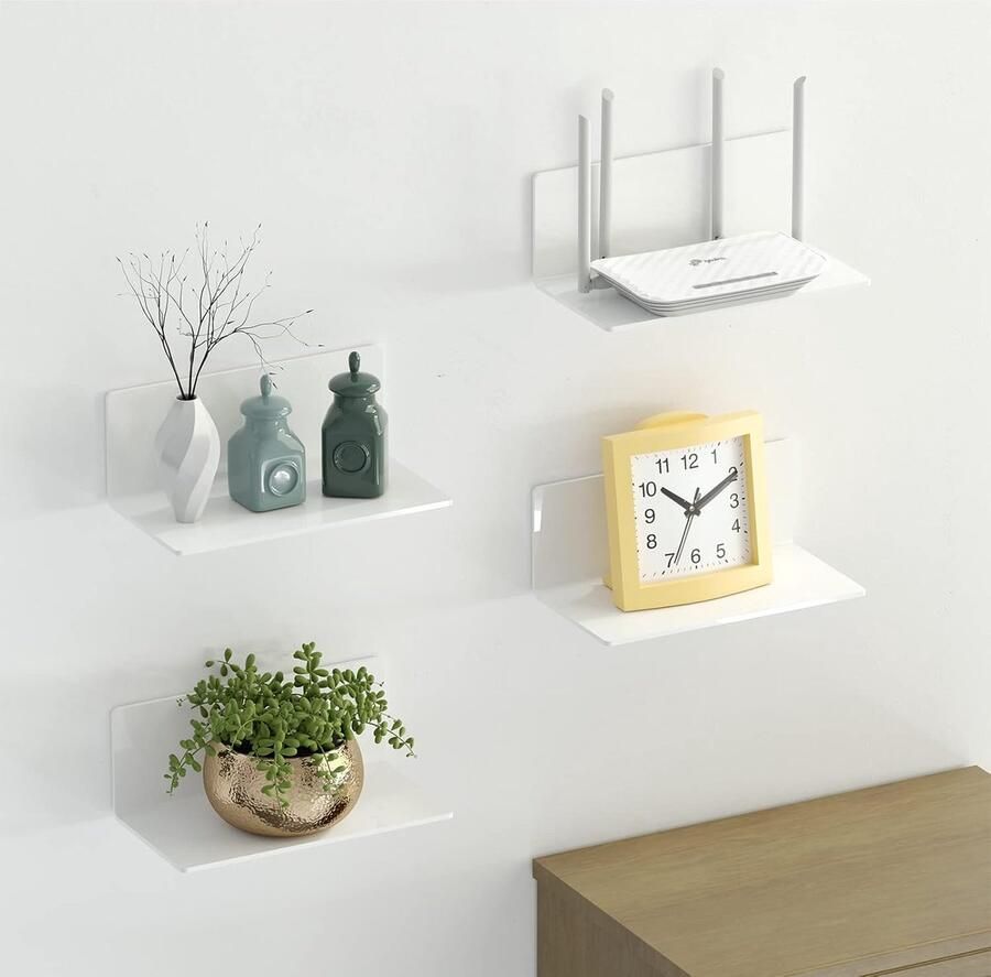 Set van 2 Zelfklevende Wandplanken – Acryl Zwevende Planken 23 cm voor Badkamer Woonkamer Slaapkamer en Keuken – Wit