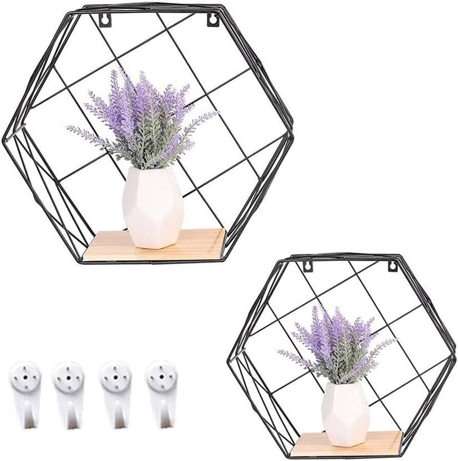 Set van 2 zeshoekige wandplanken zwart met massief hout modern