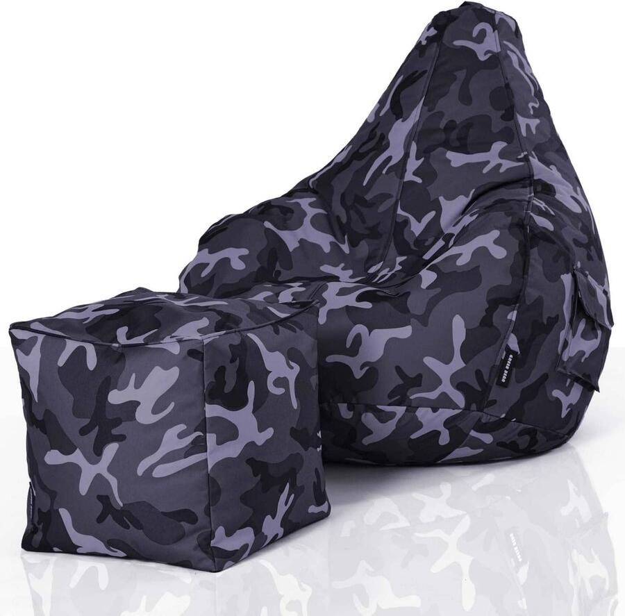 Set van 2 Zitzakken en Kruk Duurzaam Afwasbaar & Vlekbestendig Perfect voor Kinderen en Volwassenen Lounge en Gamingstoel Camouflage Zwart