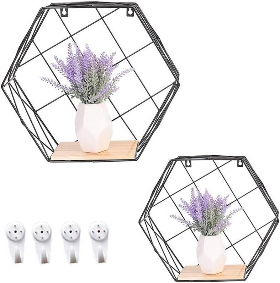 Set van 2 Zwart Zeshoekige Wandplanken met Houten Platen Modern Wandrek voor Slaapkamer Woonkamer en Keuken